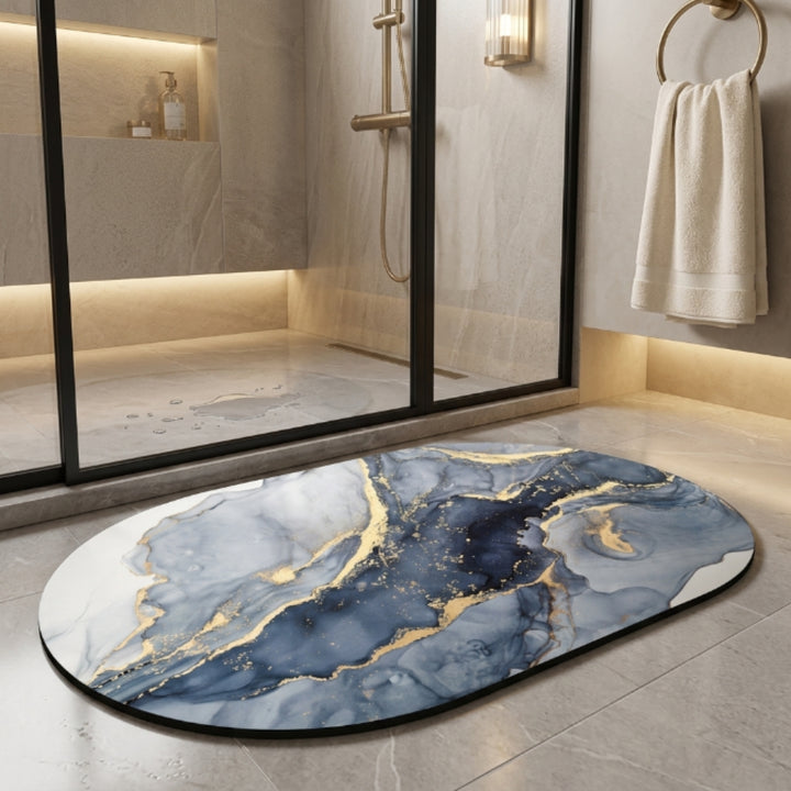 Luxury Marble Oval Anti-Slip Bath Mat | Soft Absorbent Quick Dry Bathroom Floor Rug Modern Watercolor Stone Pattern Carpet