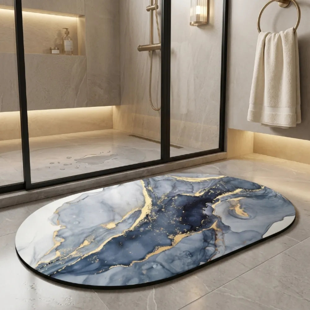 Luxury Marble Oval Anti-Slip Bath Mat | Soft Absorbent Quick Dry Bathroom Floor Rug Modern Watercolor Stone Pattern Carpet