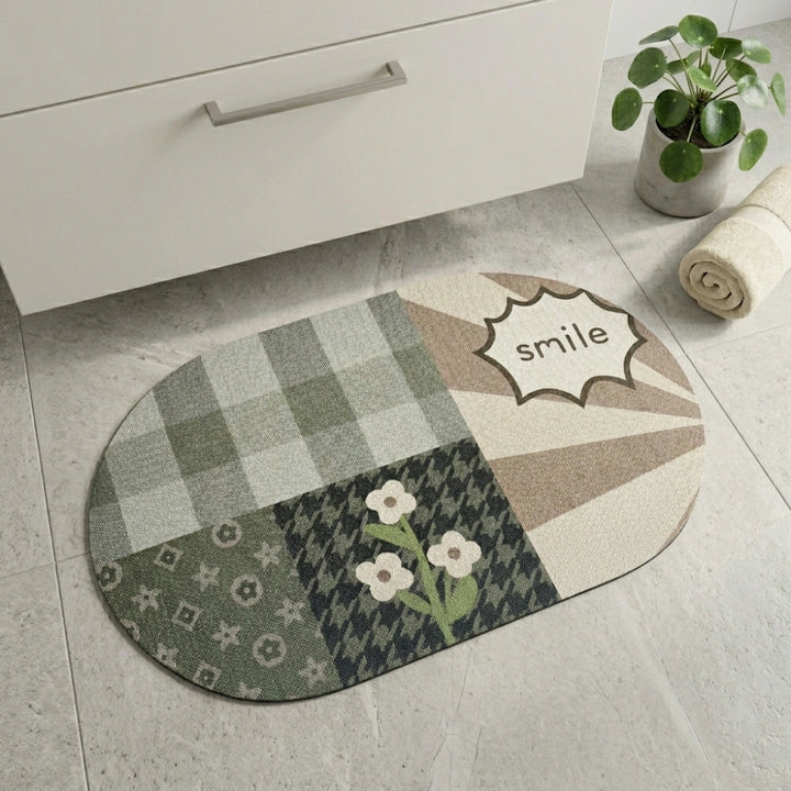 Smile” Patchwork Oval Bath Mat | Sage Green & Beige, Non‑Slip Quick‑Dry, Ultra‑Absorbent