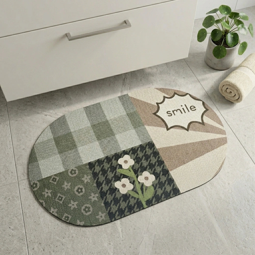 Smile” Patchwork Oval Bath Mat | Sage Green & Beige, Non‑Slip Quick‑Dry, Ultra‑Absorbent