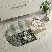 Smile” Patchwork Oval Bath Mat | Sage Green & Beige, Non‑Slip Quick‑Dry, Ultra‑Absorbent