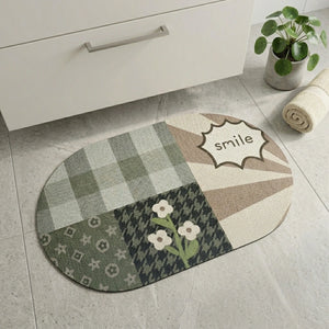 Smile” Patchwork Oval Bath Mat | Sage Green & Beige, Non‑Slip Quick‑Dry, Ultra‑Absorbent