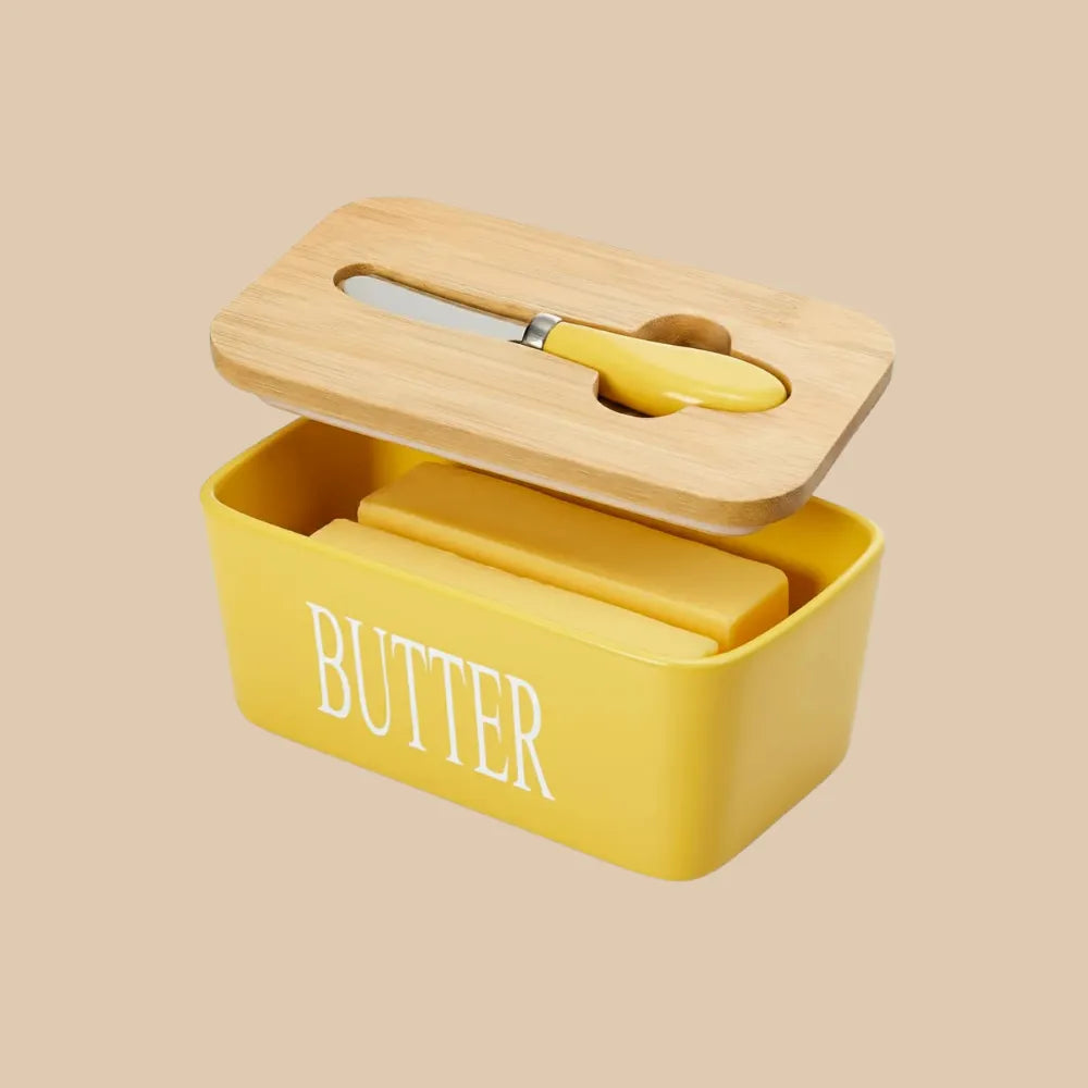 Ceramic Butter Dish With Lid & Knife – Airtight Butter Keeper Container with Silicone Seal for Countertop & Refrigerator