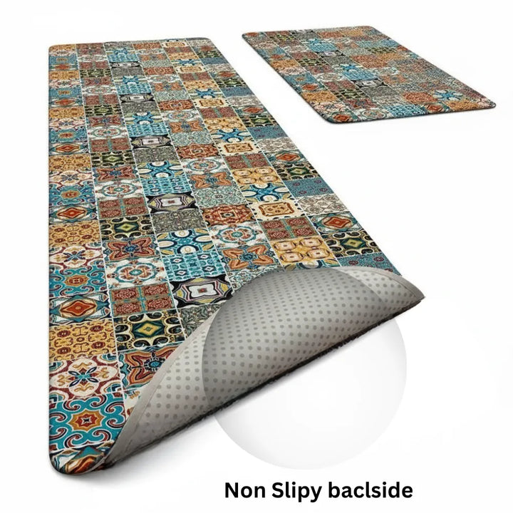 2-Piece Colorful Moroccan Mosaic Kitchen Mat Set | Boho Tile Patchwork Non-Slip Anti-Fatigue Washable Runner Rugs for Kitchen & Hallway