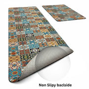 2-Piece Colorful Moroccan Mosaic Kitchen Mat Set | Boho Tile Patchwork Non-Slip Anti-Fatigue Washable Runner Rugs for Kitchen & Hallway
