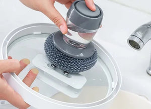 Kitchen Dish Cleaning Brush with Liquid Dispenser | Wire Ball Pot Washing Brush