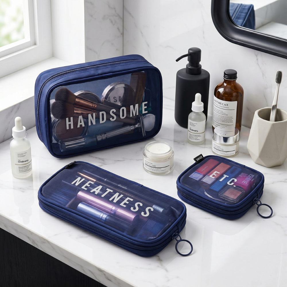 Transparent Mesh Cosmetic & Toiletry Bag | Waterproof Zipper Makeup Organizer Pouch for Travel, Grooming & Daily Essentials