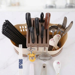 Multi-Functional Plastic Cutlery Holder with Drain Tray | Spoon, Knife, Chopsticks & Utensil Organizer Stand for Kitchen Counter