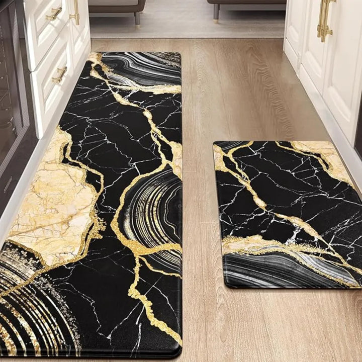 2-Piece Luxury Black & Gold Marble Kitchen Mat Set – Non-Slip Anti-Fatigue Washable Runner Rugs for Kitchen & Hallway