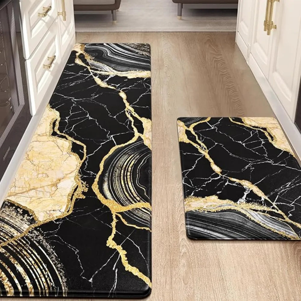 2-Piece Luxury Black & Gold Marble Kitchen Mat Set – Non-Slip Anti-Fatigue Washable Runner Rugs for Kitchen & Hallway