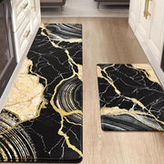 2-Piece Luxury Black & Gold Marble Kitchen Mat Set – Non-Slip Anti-Fatigue Washable Runner Rugs for Kitchen & Hallway