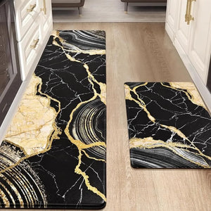 2-Piece Luxury Black & Gold Marble Kitchen Mat Set – Non-Slip Anti-Fatigue Washable Runner Rugs for Kitchen & Hallway