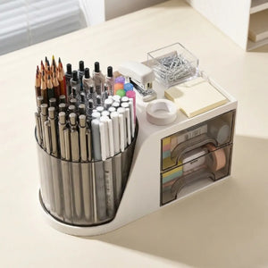 360° Rotating Desk Organizer with 2 Drawers | Multi-Purpose Pen Stand & Stationery Holder | Desktop Storage for Office, Study & Home