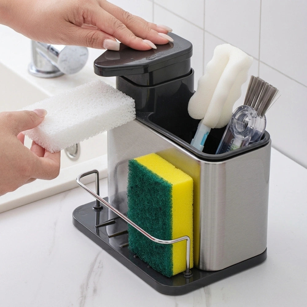 3-in-1 Stainless Steel Kitchen Sink Caddy Organizer with Soap Dispenser, Sponge & Brush Holder