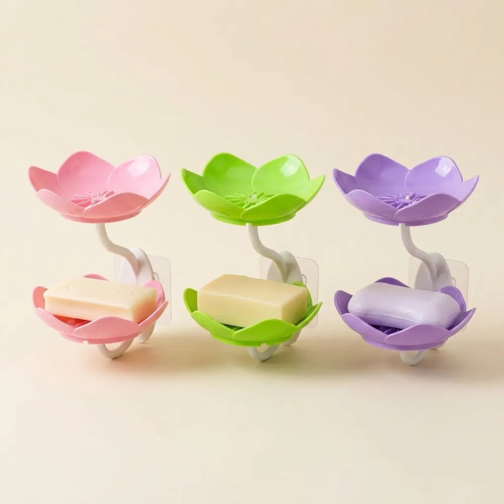 Wall Mounted Double Layer Lotus Flower Soap Holder | Self-Adhesive Drain Soap Box & Sponge Organizer for Bathroom & Kitchen