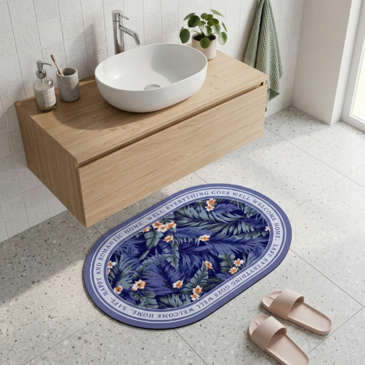 Floral Oval Bathroom Floor Mat Set | Soft Non-Slip Absorbent Bath Rug Modern Decorative Washable Door & Bathroom Mat