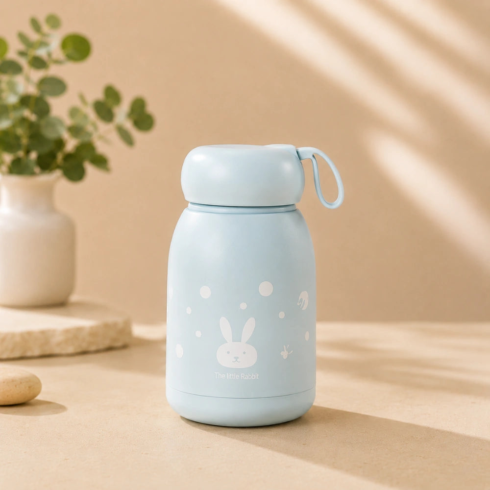330ml Cute Bunny Water Bottle for Kids | Insulated Stainless Steel Sipper Bottle with Rabbit Print, Leakproof Vacuum Flask for School, Travel & Daily Use