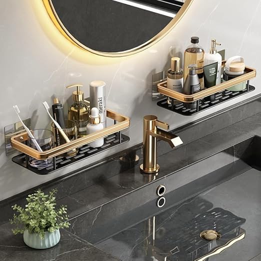 Bathroom Organizer Wall Mount Self Rack Black & Gold Aluminium Storage, Pack of 2