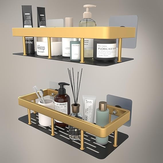 Bathroom Organizer Wall Mount Self Rack Black & Gold Aluminium Storage, Pack of 2