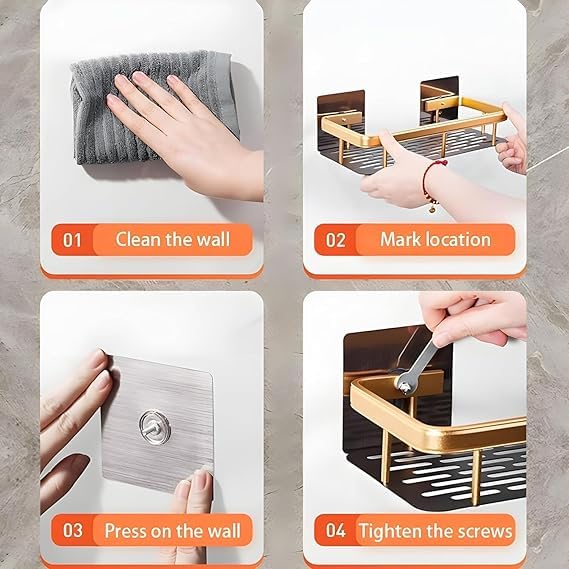 Bathroom Organizer Wall Mount Self Rack Black & Gold Aluminium Storage, Pack of 2