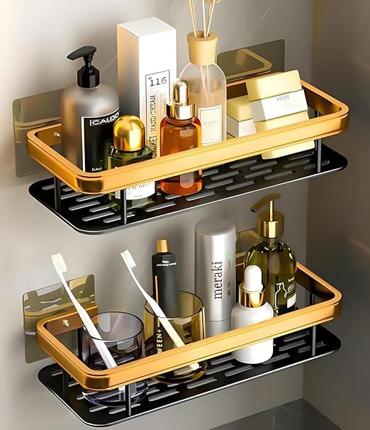 Bathroom Organizer Wall Mount Self Rack Black & Gold Aluminium Storage, Pack of 2