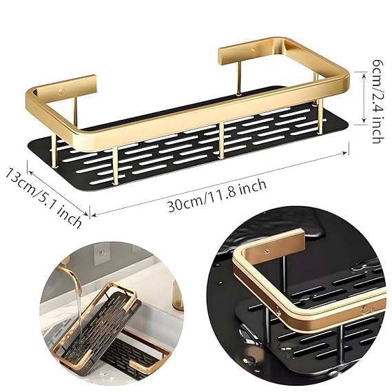 Bathroom Organizer Wall Mount Self Rack Black & Gold Aluminium Storage, Pack of 2