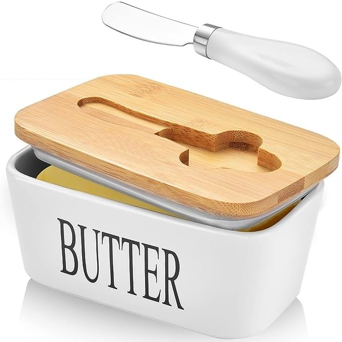 Ceramic Butter Dish With Lid & Knife – Airtight Butter Keeper Container with Silicone Seal for Countertop & Refrigerator