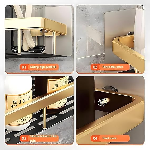 Bathroom Organizer Wall Mount Self Rack Black & Gold Aluminium Storage, Pack of 2