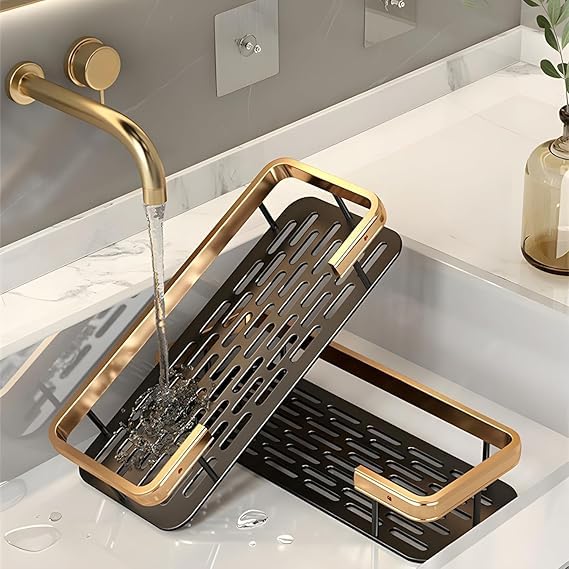 Bathroom Organizer Wall Mount Self Rack Black & Gold Aluminium Storage, Pack of 2