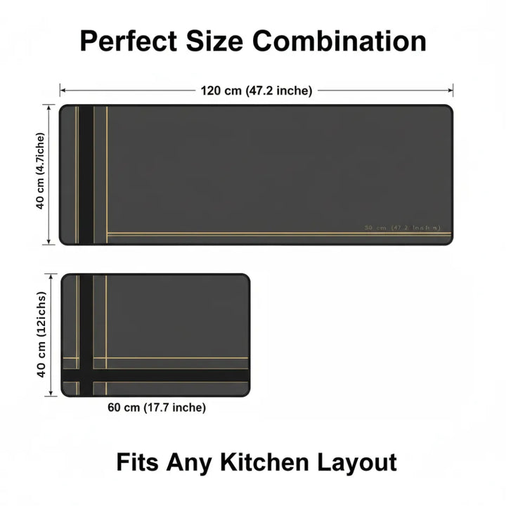2-Piece Black & Gold Line Kitchen Mat Set | Luxury Non-Slip Waterproof Anti-Fatigue Runner Rugs for Kitchen & Office