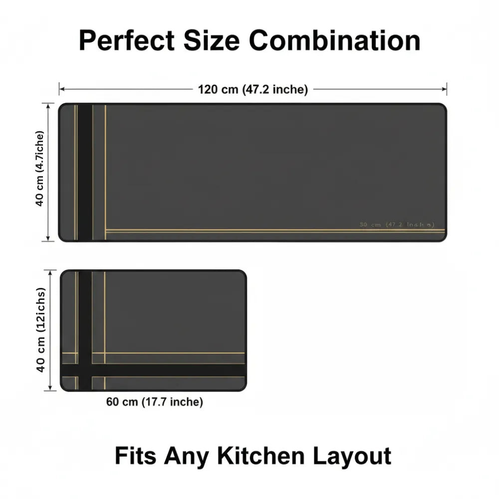 2-Piece Black & Gold Line Kitchen Mat Set | Luxury Non-Slip Waterproof Anti-Fatigue Runner Rugs for Kitchen & Office