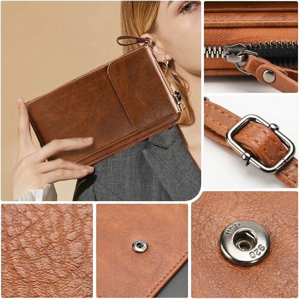 PU Leather Mobile Sling Bag for Women Crossbody Phone Wallet Purse Brown