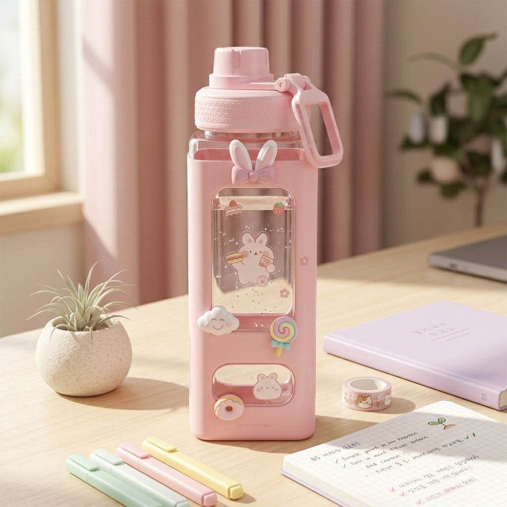 Kawaii Cute Plastic Water Bottle with Straw & Stickers | Leakproof Large Capacity Square Drinking Bottle