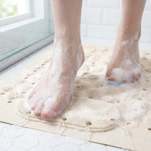 Anti-Slip PVC Bath Mat with Foot Scrubber & Massager | Quick-Dry Shower Mat with Suction Cups | Beige Bathroom Mat (70 X 35 CM)