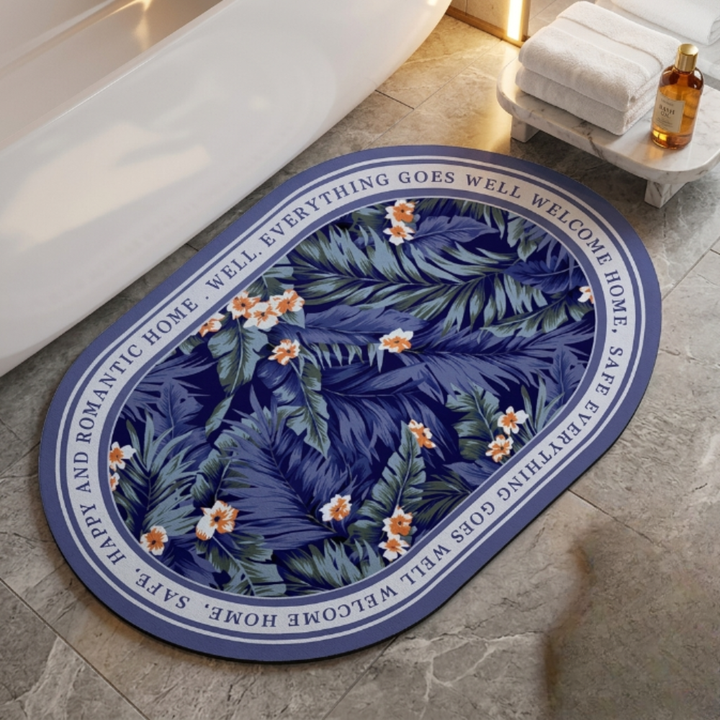 Floral Oval Bathroom Floor Mat Set | Soft Non-Slip Absorbent Bath Rug Modern Decorative Washable Door & Bathroom Mat