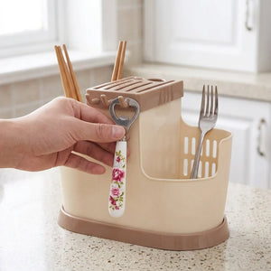 Multi-Functional Plastic Cutlery Holder with Drain Tray | Spoon, Knife, Chopsticks & Utensil Organizer Stand for Kitchen Counter