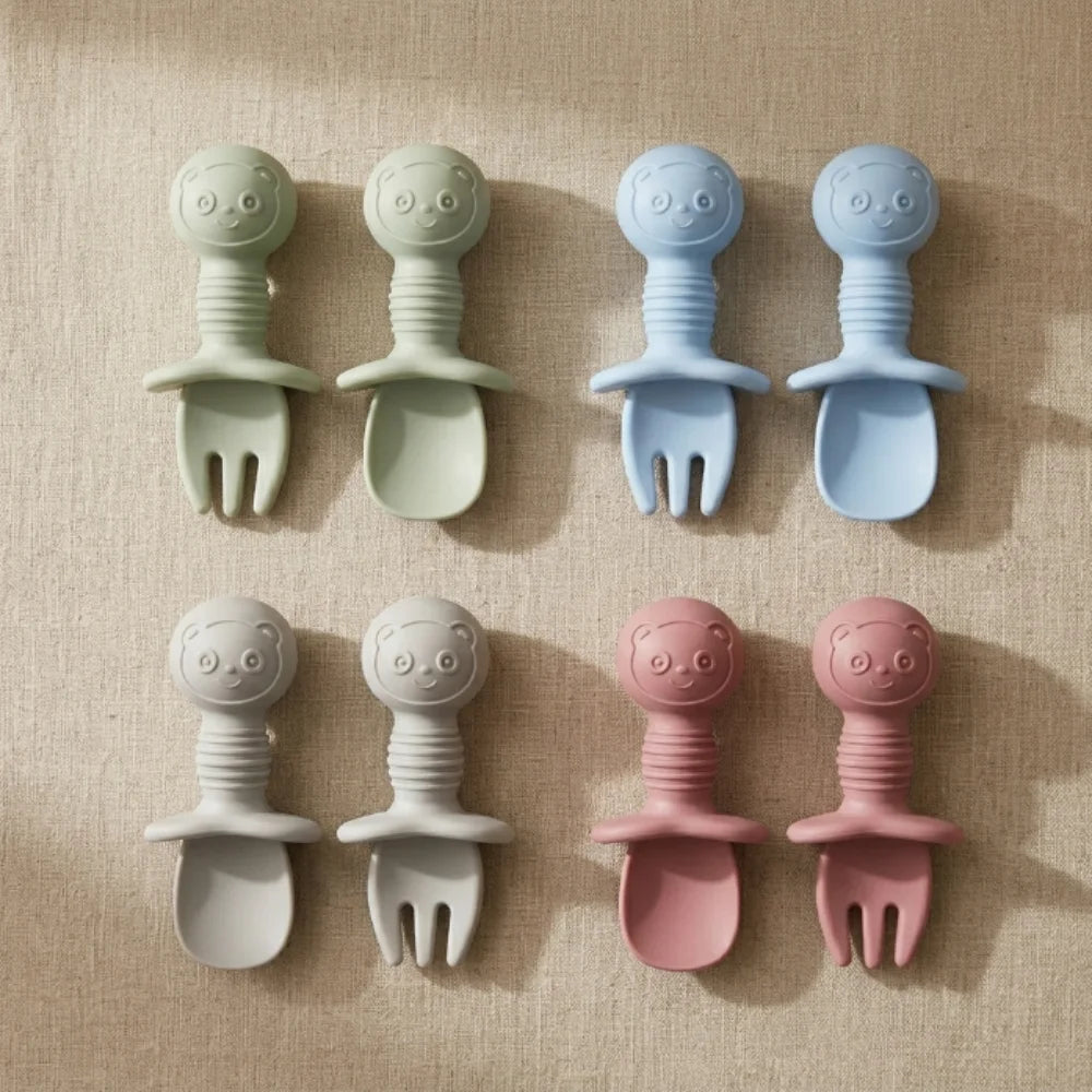 Silicone Baby Spoon & Fork Set | Soft Tip Self-Feeding Utensils for Babies & Toddlers