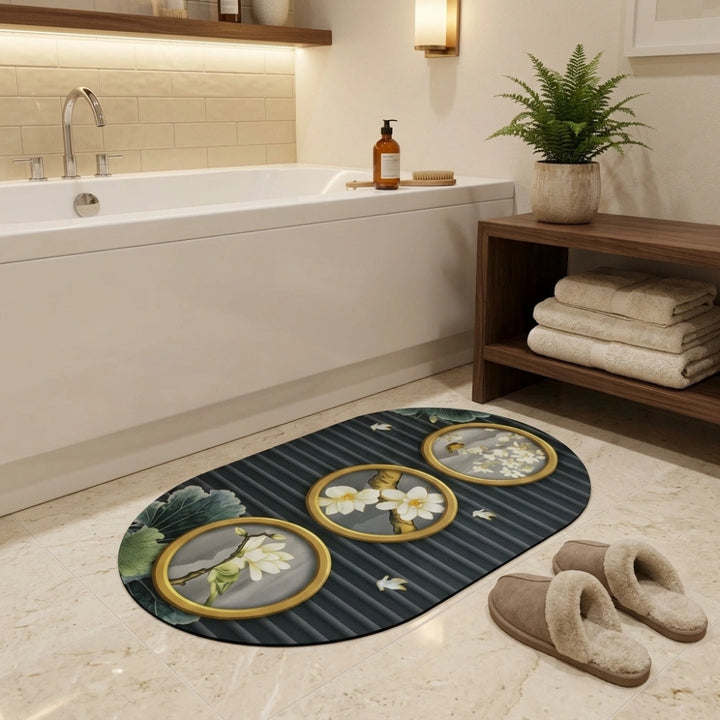 Magnolia Blossom Oval Bath Mat | Soft Quick Dry Anti-Slip Absorbent Floor Rug for Bathroom Entrance & Bedroom