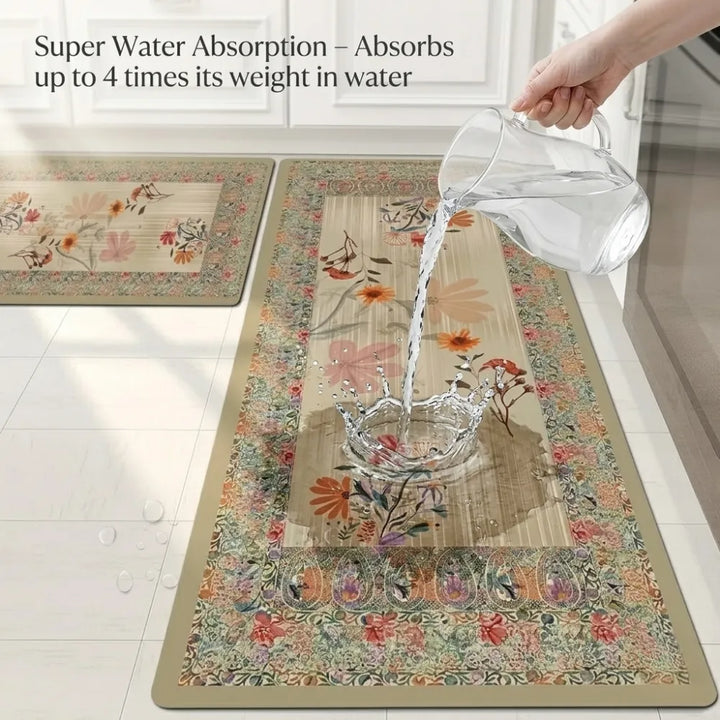 2-Piece Floral Kitchen Mat Set | Decorative Non-Slip Cushioned Anti-Fatigue Rugs for Kitchen, Sink & Office Floor