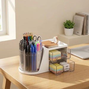 360° Rotating Desk Organizer with 2 Drawers | Multi-Purpose Pen Stand & Stationery Holder | Desktop Storage for Office, Study & Home
