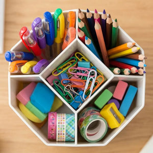 360° Rotating Desk Organizer | 5-Compartment Pen & Pencil Holder | Plastic Stationery Storage for Office, Study & Home