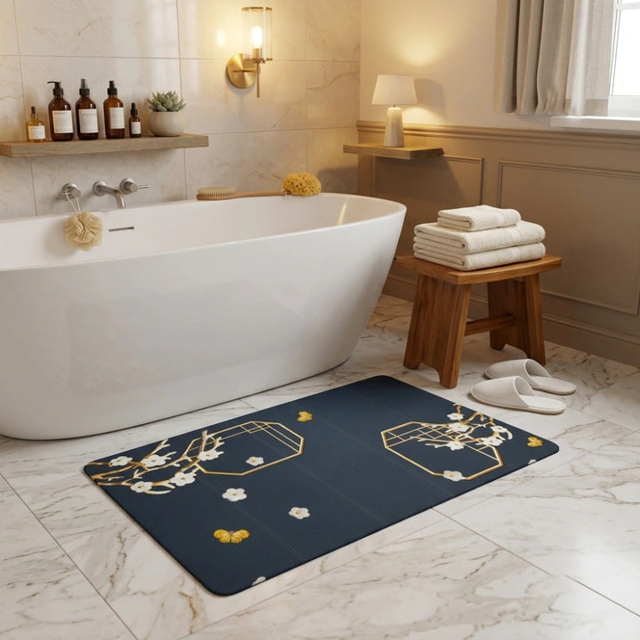 Elegant Floral Japanese Style Bathroom Mat | Soft Anti-Slip Quick Dry Absorbent Floor Rug for Bathroom & Bedroom