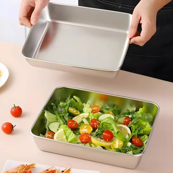 Stainless Steel Square Plate with Lid | Heavy-Duty Food-Grade Baking & Storage Tray, Thickened Metal Dish with Leak-Proof Clear Lid for Oven & Kitchen Use