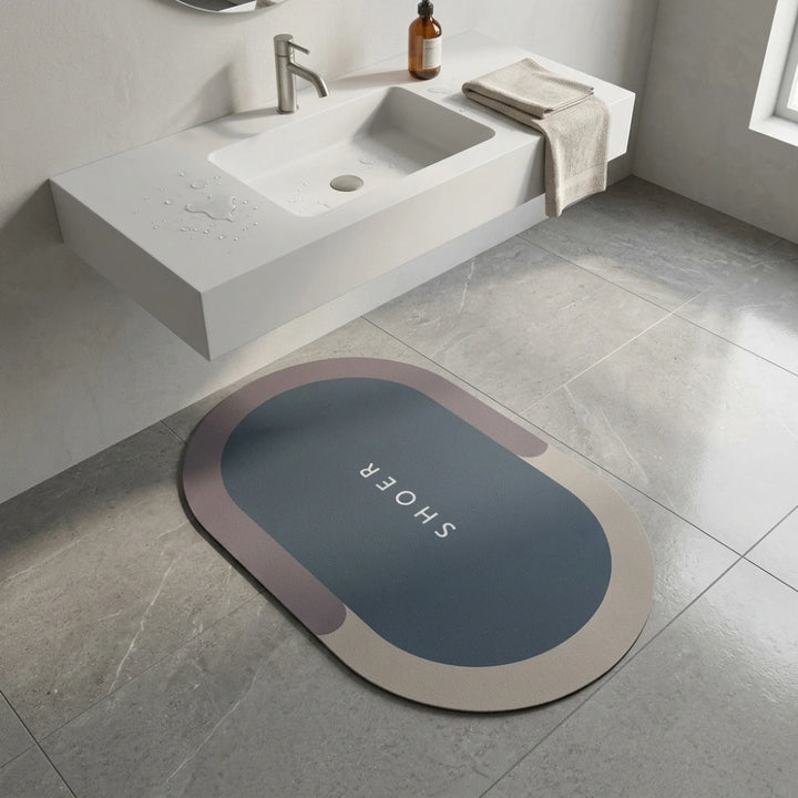 Modern Oval Anti-Slip Bathroom Floor Mat | Soft Absorbent Waterproof Door Rug for Bathroom, Bedroom & Entryway | Minimal Blue Home Decor Mat