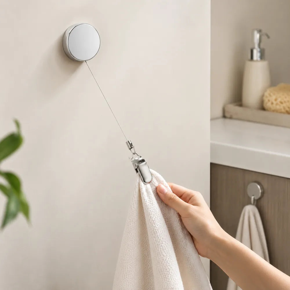 Stainless Steel Retractable Towel Holder Clips | No-Drill Self-Adhesive Wall Mounted Kitchen & Bathroom Towel Hanger Hooks