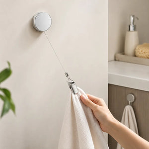 Stainless Steel Retractable Towel Holder Clips | No-Drill Self-Adhesive Wall Mounted Kitchen & Bathroom Towel Hanger Hooks