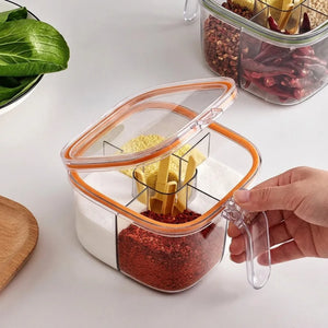4-Compartment Clear Seasoning Box with Lid & 4 Serving Spoons | Spice & Condiment Storage Container for Kitchen