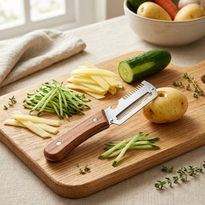 3 in 1 Stainless Steel Vegetable Peeler with Wooden Handle | Julienne Cutter, Bottle Opener & Scallion Shredder | Multi-Purpose Fruit & Veggie Peeler