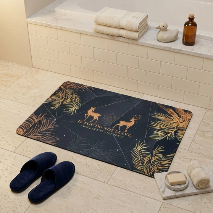 Mystic Deer Quote Bath Mat | Non Slip Bathroom Rug with Gold Leaf Boho Spa Decor