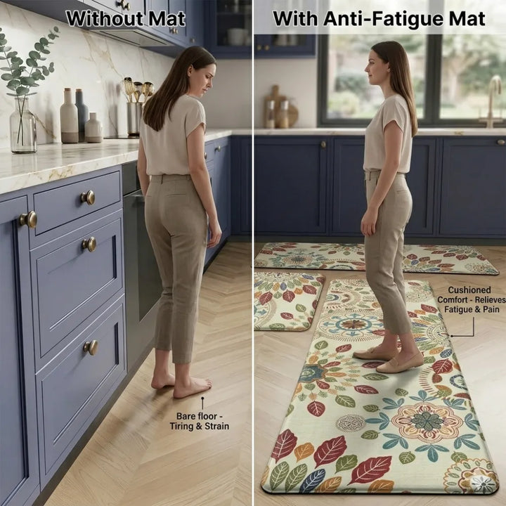 2-Piece Boho Floral Leaf Kitchen Mat Set | Non-Slip Cushioned Anti-Fatigue Runner Rugs for Kitchen, Bedroom & Home